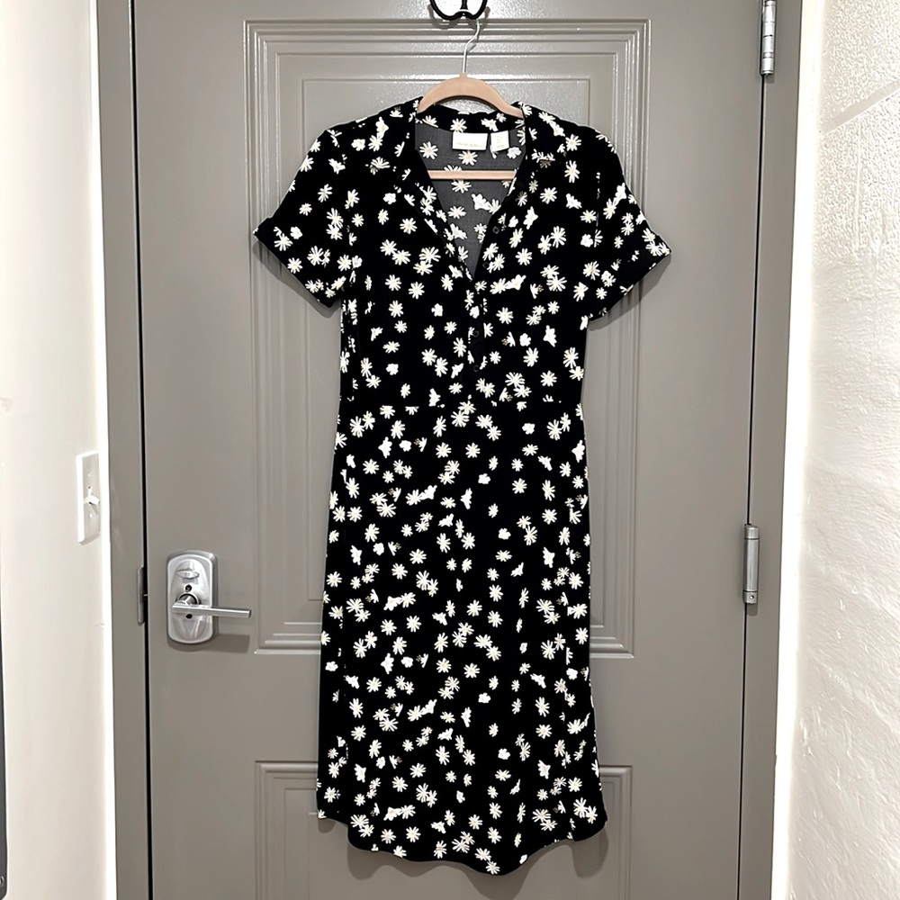 Cynthia Rowley button down black midi dress with daisies size S